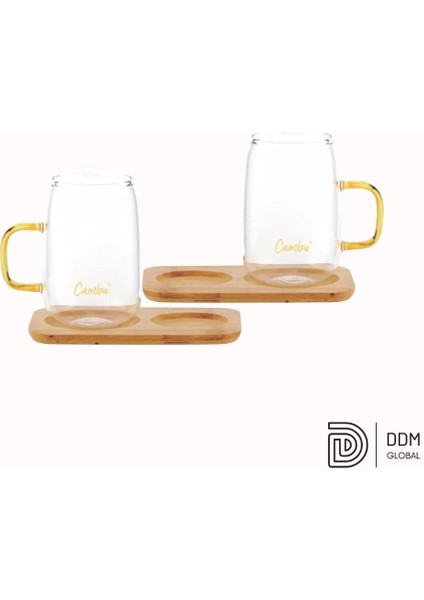Bambu Tabaklı Borosilikat Kupa Seti 4 Parça – 2X280 ml Kupa + 2 Bambu Tabak