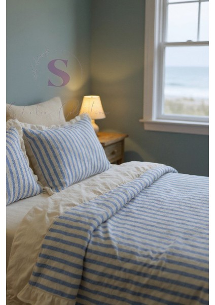 Mavi-Bej % 100 Pamuk Fırfır Iplik Boyalı Çift Kişilik Nevresim Takımı,modern Çizgili Nevresım Seti