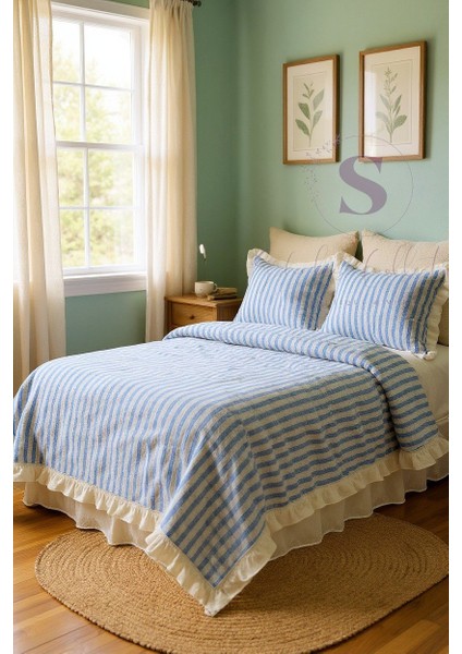 Mavi-Bej % 100 Pamuk Fırfır Iplik Boyalı Çift Kişilik Nevresim Takımı,modern Çizgili Nevresım Seti fiyatları
