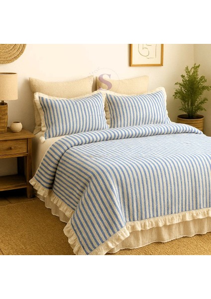 Mavi-Bej % 100 Pamuk Fırfır Iplik Boyalı Çift Kişilik Nevresim Takımı,modern Çizgili Nevresım Seti modelleri