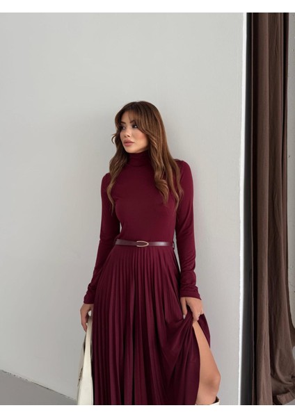 Buketli Kadın Dik Yaka Altı Pliseli Kemerli Sandy Kumaş Uzun Kollu Uzun Elbise modelleri