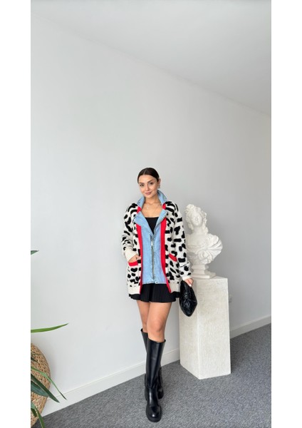 Riverdi Kadını Deri Detaylı Tasarım Oversize Hırka