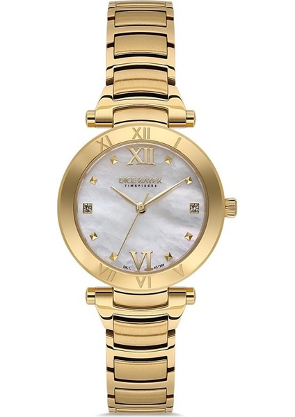 DK.1.AG1399.05 Taşlı Tasarım Sedef Kadranlı Çelik Kordon Çelik Kasa 5 Atm Suya Dayanıklı Altın Renk Kadın Kol Saati