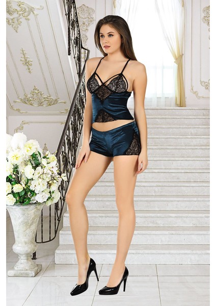 Msa-Shop Petrol Yeşili Kadife Dantelli Sabahlık & Gecelik Takım 3' Lü - 1397 - Beden S/m fırsatları