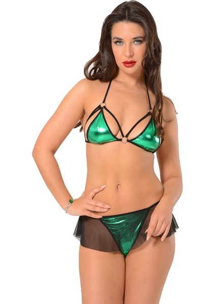 Msa-Shop Yeşil Deri ( Lame ) Ikili Takım Gecelik - 419 - Beden Standart