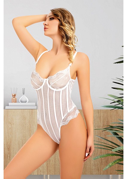 Msa-Shop Beyaz Çizgili Bodysuit - 877 - Beden Xl