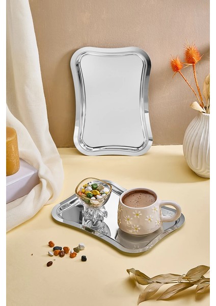 Dikdörtgen Paslanmaz Çelik 6’lı Gümüş Kahve, Çay, Dekoratif Sunum Servis Nişan Tepsisi fiyatları