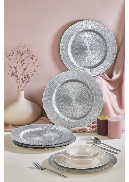 Royal 6\\\'lı Gümüş Cam Supla Tabak Seti 32 cm