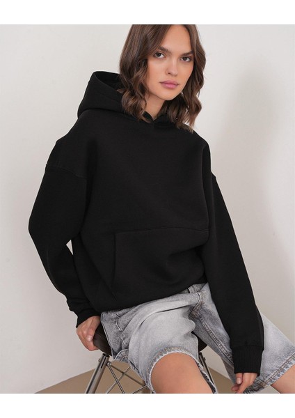 2022 Unisex 3iplik Basic Polarlı Kapüşonlu Sweatshirt Hoodie Siyah