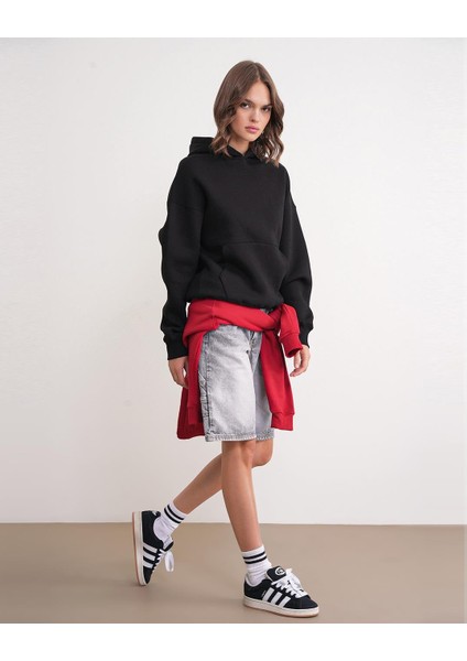 2022 Unisex 3iplik Basic Polarlı Kapüşonlu Sweatshirt Hoodie Siyah fiyatları