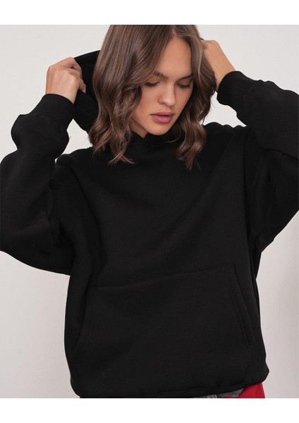 2022 Unisex 3iplik Basic Polarlı Kapüşonlu Sweatshirt Hoodie Siyah modelleri