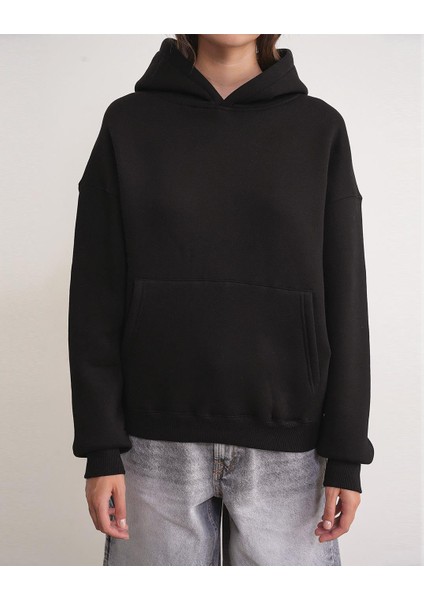 2022 Unisex 3iplik Basic Polarlı Kapüşonlu Sweatshirt Hoodie Siyah fırsatları