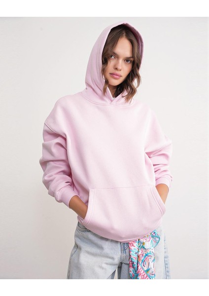 2022 Unisex 3iplik Basic Polarlı Kapüşonlu Sweatshirt Hoodie Pembe