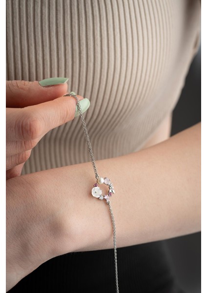 925 Ayar Gümüş Rodyum Kaplama Manolya Çiçeği Model Bahar Çiçeği Bileklik