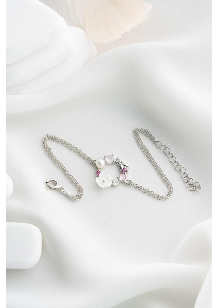 925 Ayar Gümüş Rodyum Kaplama Manolya Çiçeği Model Bahar Çiçeği Bileklik