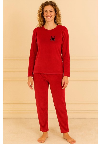 Kadın 13165-2651 Uzun Kol Kadife Pijama Takımı Kırmızı