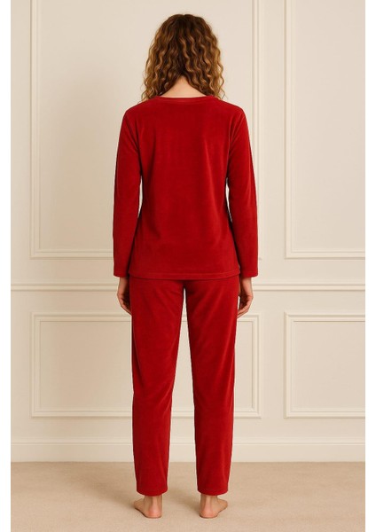 Kadın 13165-2651 Uzun Kol Kadife Pijama Takımı Kırmızı fiyatları