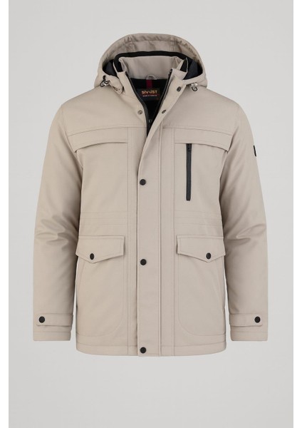 Erkek Krem Pamuk Polyester Karışımlı Kürklü Çıkartılabilir Kapüşonlu Mont&kaban