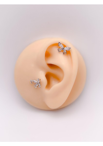Cerrrahi Çelik Piercing ( Pirsing ) Zirkon Damla Taşlı Kelebek Tragus Helix Piercing (1ADET)