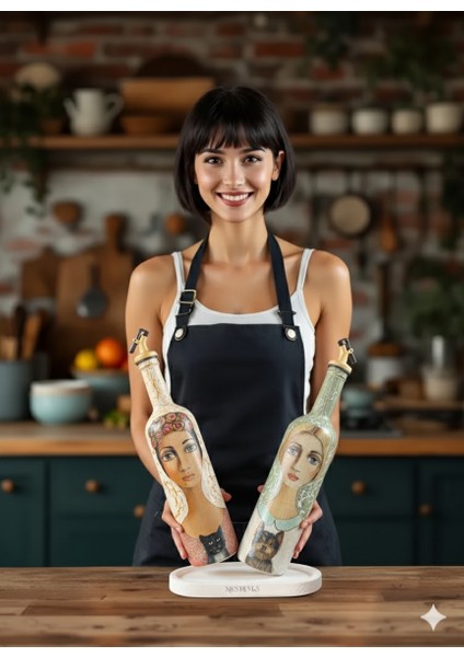 El Yapımı Çatlatma Desenli Cam Yağdanlık Seti – Kadın ve Evcil Hayvan Portreli, Mutfak Tasarım fiyatları