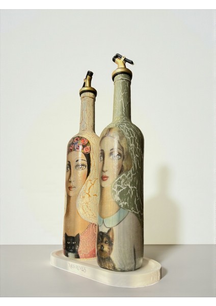 El Yapımı Çatlatma Desenli Cam Yağdanlık Seti – Kadın ve Evcil Hayvan Portreli, Mutfak Tasarım modelleri