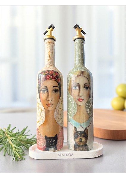 El Yapımı Çatlatma Desenli Cam Yağdanlık Seti – Kadın ve Evcil Hayvan Portreli, Mutfak Tasarım indirimleri