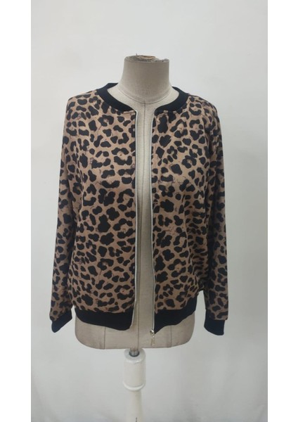 Kadın Leopar Desen Fermuarlı Modal Kumaş Ceket indirimleri