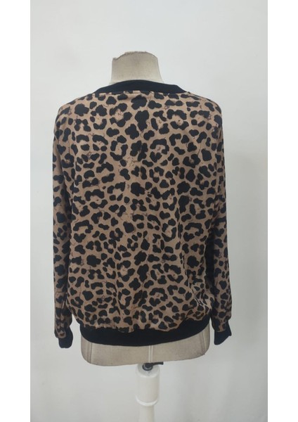 Kadın Leopar Desen Fermuarlı Modal Kumaş Ceket