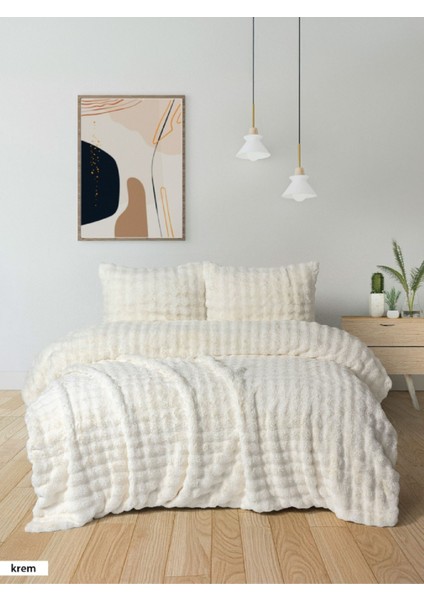 Diamond Kürk Yatak Örtüsü Seti Yastık Kılıflı Çift Kişilik Krem 3 Parça