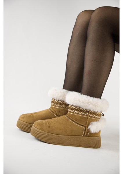 219851142-11 Kadın Yumuşak Rahat Kürklü Bot - Tekstil Süet Kışlık Taba Bot