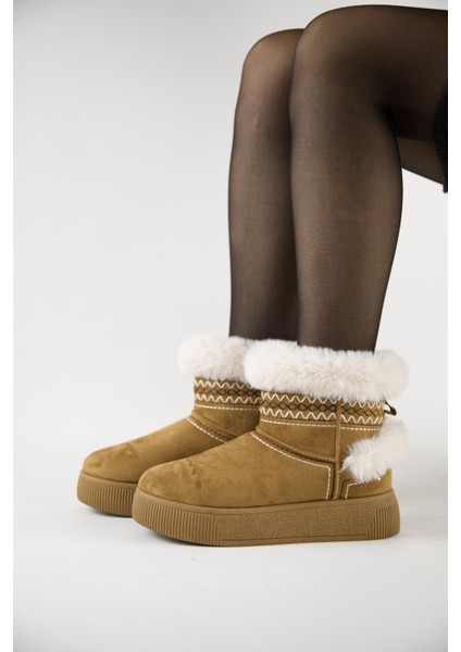 219851142-11 Kadın Yumuşak Rahat Kürklü Bot - Tekstil Süet Kışlık Taba Bot fiyatları