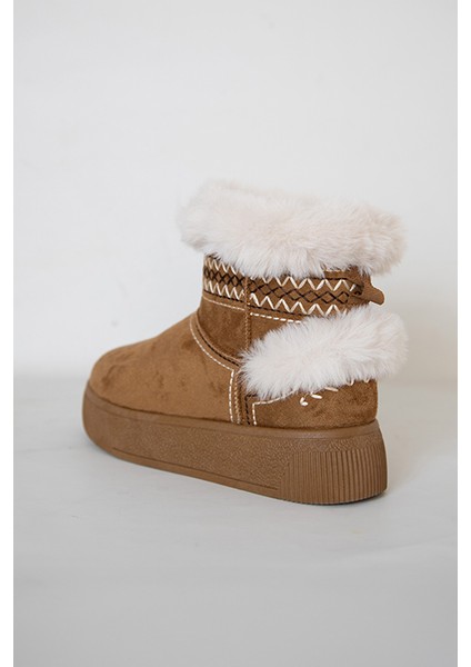 219851142-11 Kadın Yumuşak Rahat Kürklü Bot - Tekstil Süet Kışlık Taba Bot modelleri