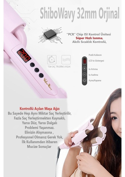 32 mm Su Dalgası Saç Maşası, Pembe, Orijinal ve Kaliteli, Çok Renkli fırsatları