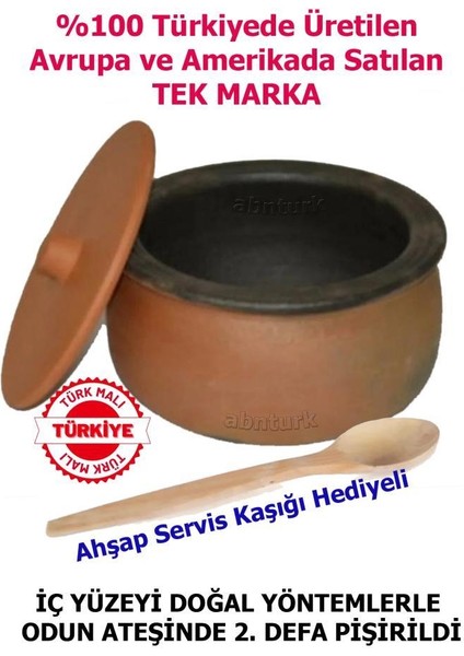 30CM Büyükboy El Yapımı Kapaklı Toprak Fırın Güveci Güveç 10-12 Kişilik Tahta Servis Kaşığı Hediyeli Vip Tencere