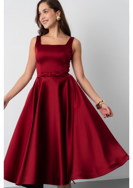 Kadın Bordo Kare Yaka Kemerli Midi Söz Nişan Elbisesi fiyatları