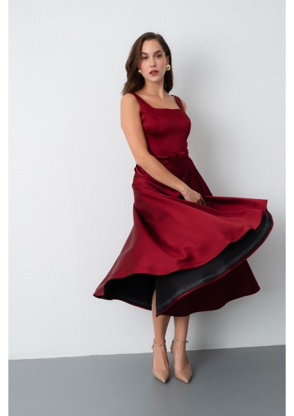 Kadın Bordo Kare Yaka Kemerli Midi Söz Nişan Elbisesi modelleri