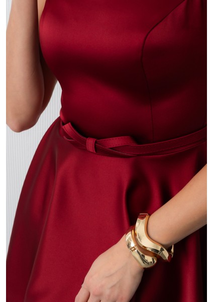 Kadın Bordo Kare Yaka Kemerli Midi Söz Nişan Elbisesi indirimleri