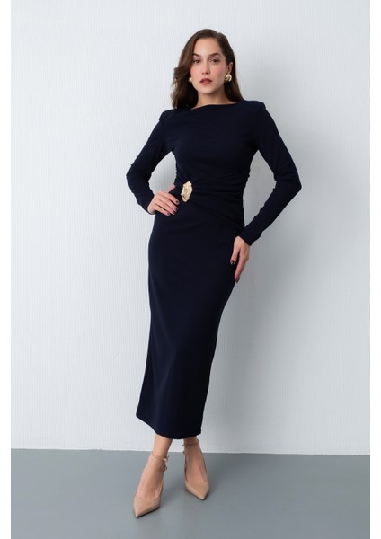 Kadın Lacivert Vatkalı Bel Büzgülü Midi Elbise