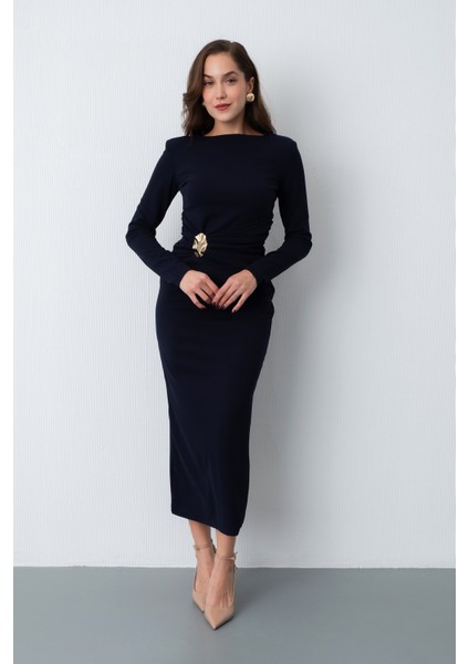 Kadın Lacivert Vatkalı Bel Büzgülü Midi Elbise fiyatları
