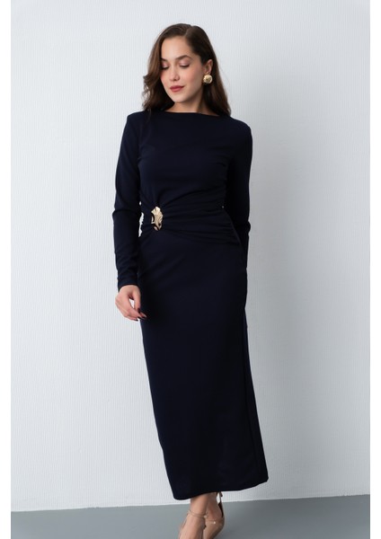 Kadın Lacivert Vatkalı Bel Büzgülü Midi Elbise modelleri