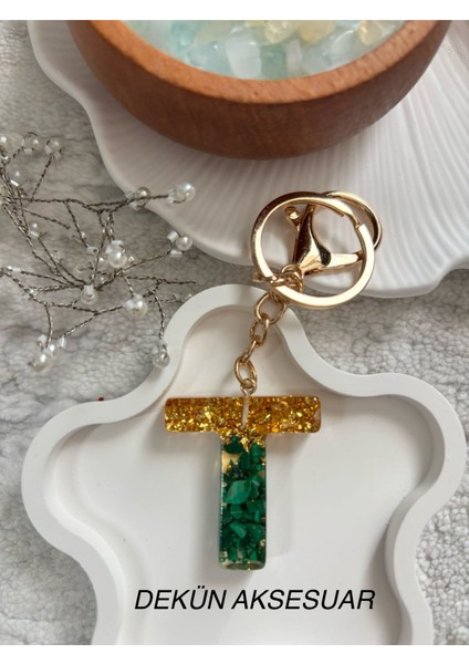 T Harfi Epoksi Yeşil Gold El Yapımı Anahtarlık