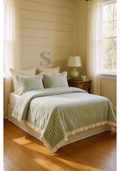 Yeşil-Bej % 100 Pamuk Fırfır Iplik Boyalı Çift Kişilik Nevresim Takımı,modern Çizgili Nevresım Seti