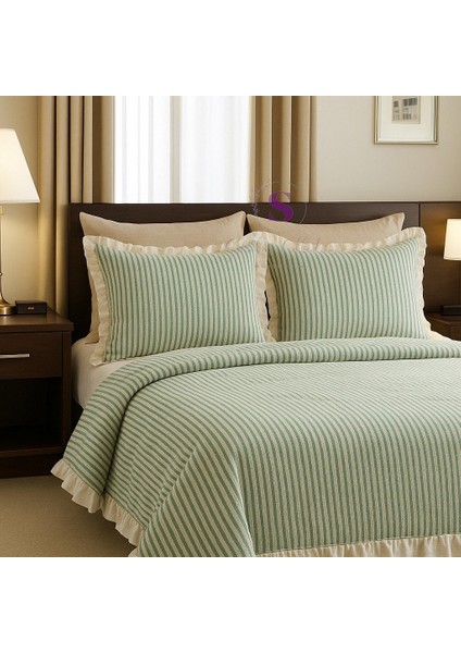Yeşil-Bej % 100 Pamuk Fırfır Iplik Boyalı Çift Kişilik Nevresim Takımı,modern Çizgili Nevresım Seti fiyatları