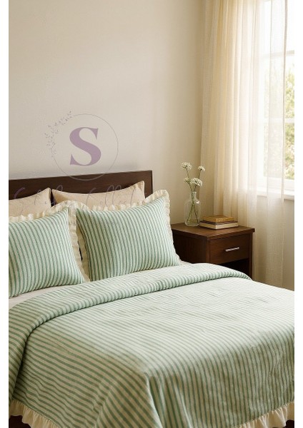 Yeşil-Bej % 100 Pamuk Fırfır Iplik Boyalı Çift Kişilik Nevresim Takımı,modern Çizgili Nevresım Seti modelleri