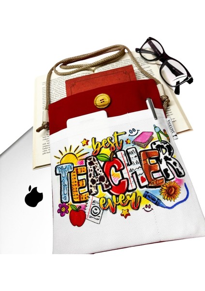 Askılı Kitap / Tablet / Ebook Çantası – Kılıfı , Öğretmenler Günü Hediyesi, Özel Gün Hediyesi ( Best Teacher Ever - Öğretmen - Sarı modelleri