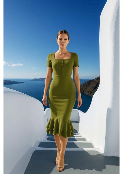 Kadın Kare Yaka Kısa Kollu Düğme Detay Çift Volanlı Midi Abiye Elbise Fıstıkyeşil 582981