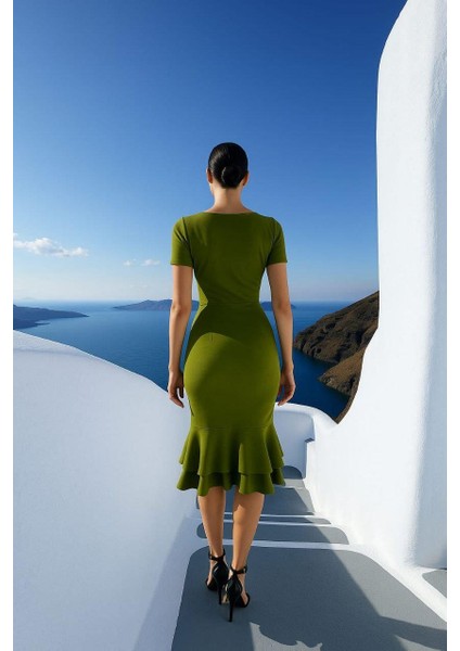 Kadın Kare Yaka Kısa Kollu Düğme Detay Çift Volanlı Midi Abiye Elbise Fıstıkyeşil 582981 fiyatları