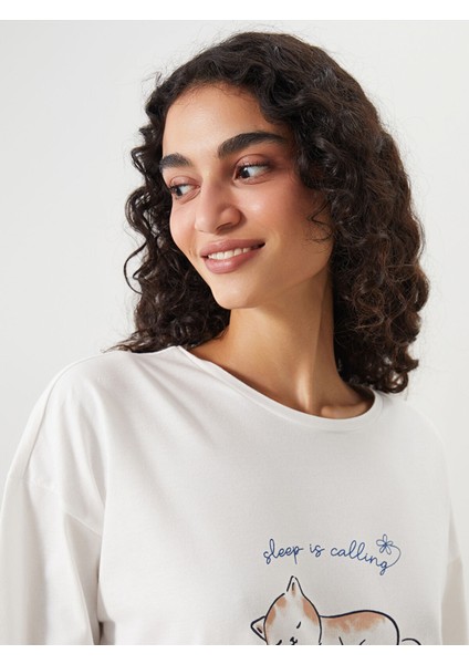 Yeni Sezon Bisiklet Yaka Baskılı Kadın Pijama Takımı fırsatları