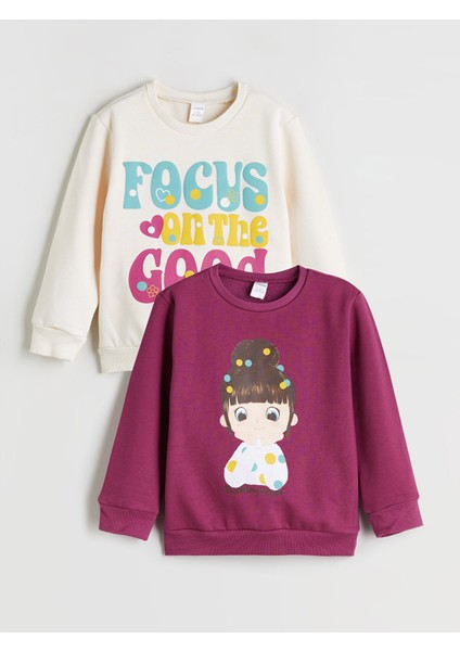Yeni Sezon Bisiklet Yaka Kız Çocuk Sweatshirt 2'li
