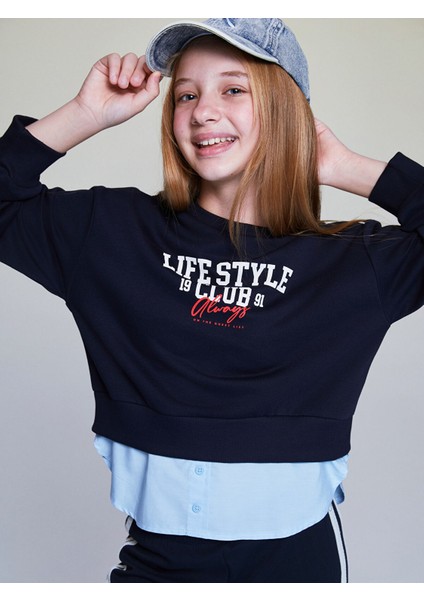 Yeni Sezon Bisiklet Yaka Baskılı Kız Çocuk Sweatshirt
